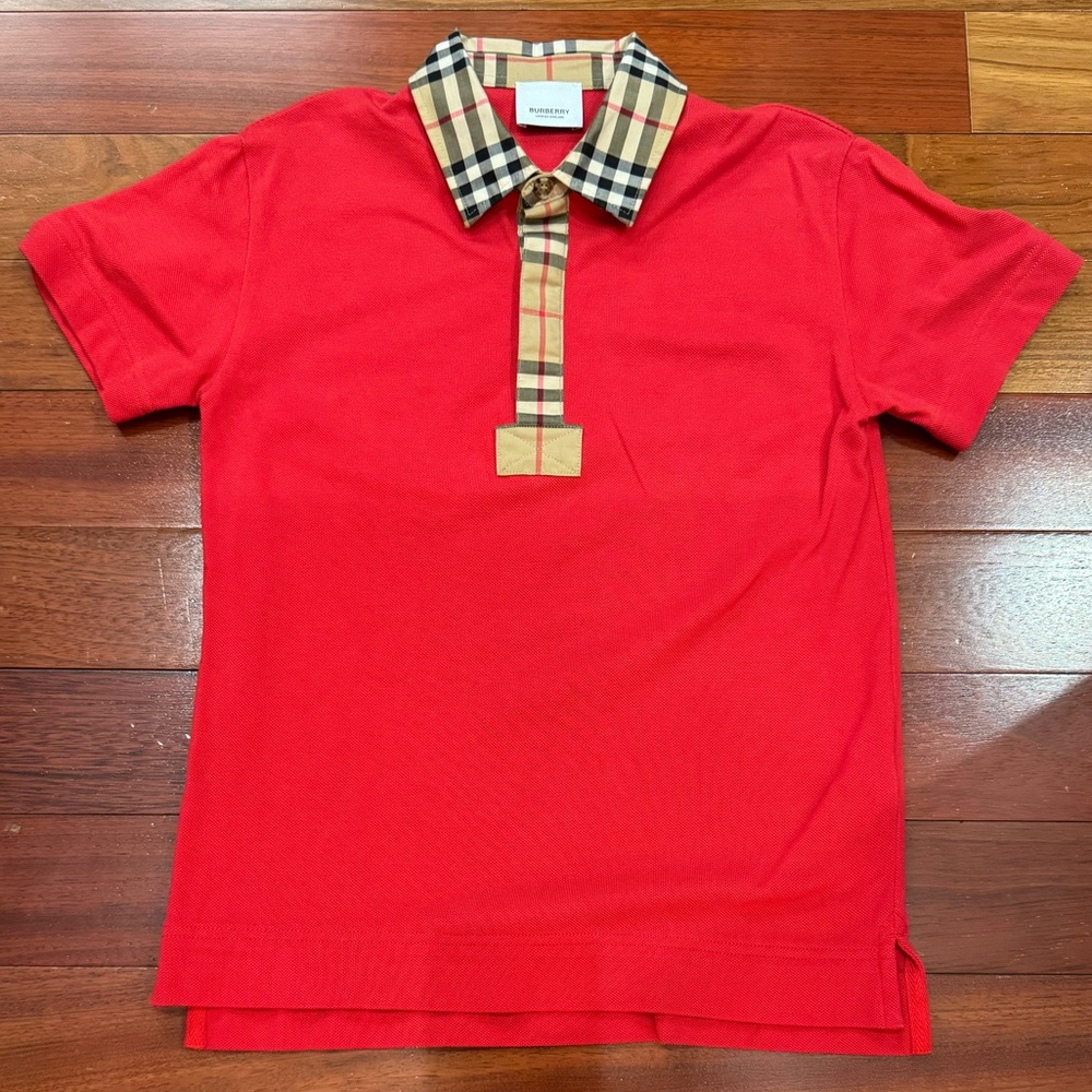 Excellent Condition!! Burberry Boys Red Polo Shirt with Checkered Collar